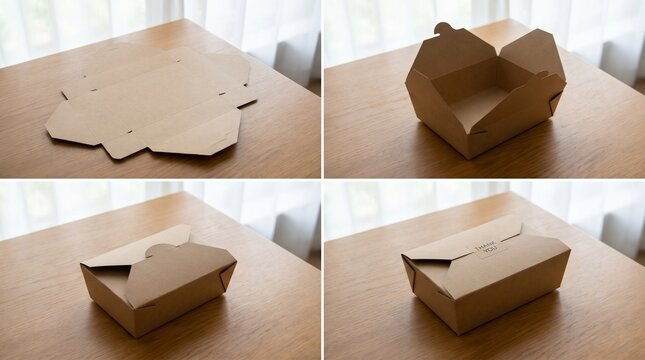 Brown Paper Food Box Assembly Process on a Wooden Table Surface