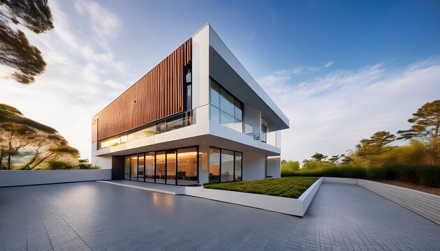 a modern architectural design featuring a sleek multi level building with large windows and a minimalist aesthetic