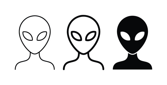 Alien Head Icons, Extraterrestrial Symbol Set, Sci-Fi Character Graphics, UFO Visitor Outline and Silhouette