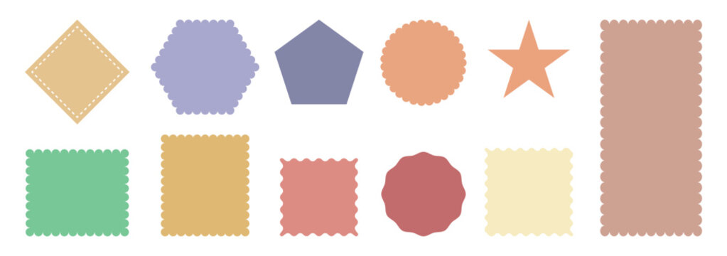 Colorful zigzag geometric shapes set. Silhouette stickers circle, square, oval circles, arches and triangle forms and rectangle labels. 