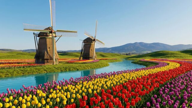 Tulip fields in rural Netherlands, two classic windmills, colorful rows in bloom, sunny spring day, expansive countryside, 4K video