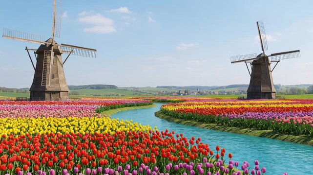 Tulip fields in rural Netherlands, two classic windmills, colorful rows in bloom, sunny spring day, expansive countryside, 4K video
