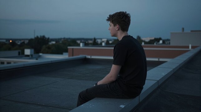 Young man sits alone on rooftop ledge at dusk