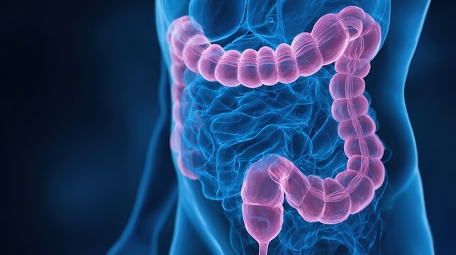 Colon cancer medical 3D illustration, human large intestine anatomy with malignant tumor growth, colorectal carcinoma disease concept, cancer cell development, digestive system disorder, 