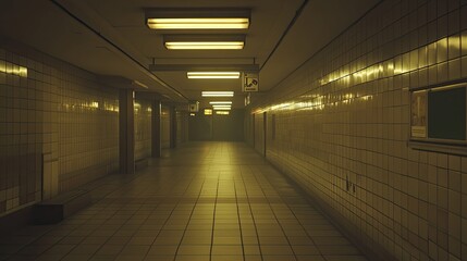 Fototapeta premium Long, empty subway passage featuring tiled walls and floor, illuminated by warm yellow fluorescent lights, creating an eerie, mysterious, and solitary urban atmosphere