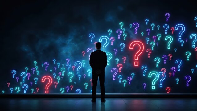 Pensive man observing a vibrant, glowing wall of question marks, illustrating complex problems and strategic thinking.
