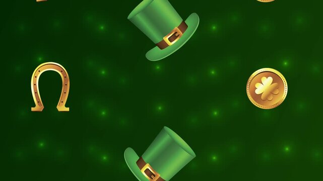 Animated st patricks day hats coins and horseshoes falling down on a dark green background with glowing particles motion graphic.