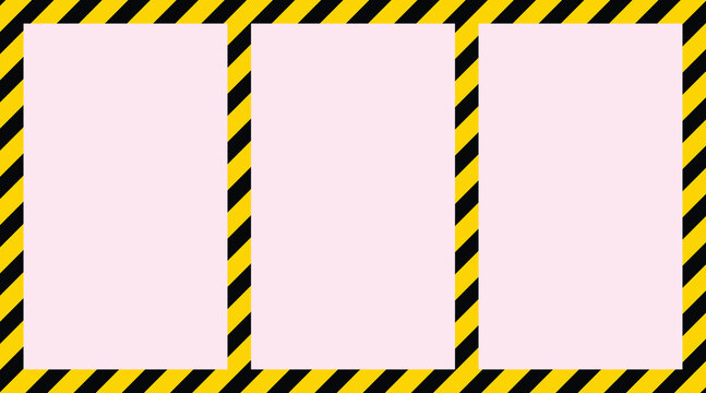 Caution tape border with three blank pink rectangles for warning or danger signs  industrial safety frames