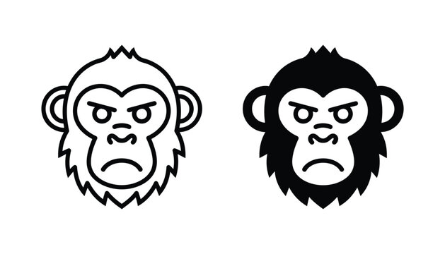 Angry chimpanzee head icon illustrated as linear outline and solid black silhouette for wildlife and animal character design graphic assets