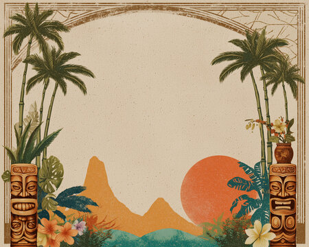 a mid century modern authentic tiki menu blank template - vintage paper texture, border - copyspace for MCM Hawaiian theme sign, or postcard, series