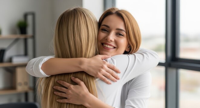 Two young women sharing a warm and friendly hug in a bright office