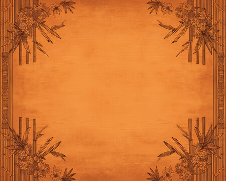 mid century modern tiki menu border, blank template  vintage paper texture, border with bamboo and leaves, warm aged tones - copyspace for MCM Hawaiian theme sign, restaurant, bar or table tent