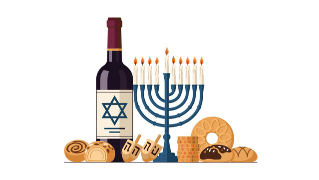Festive collection of Hanukkah celebration elements, including a menorah with candles, a bottle of wine with a Star of David, dreidels, and traditional baked goods.