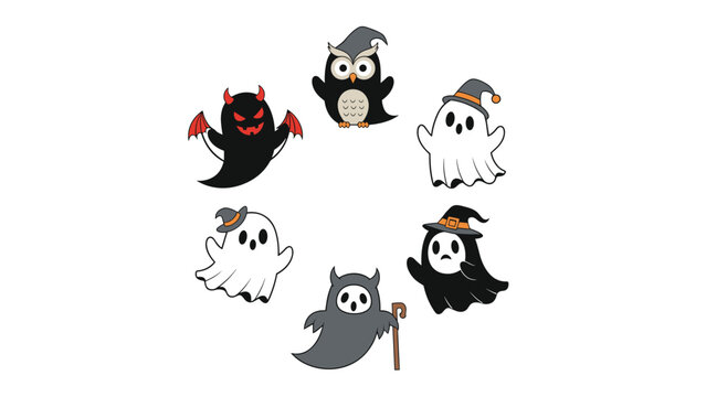 Spooky and playful circular frame composed of various cute Halloween ghosts and ghoul characters, including devils and owls, perfect for a festive border or design element.