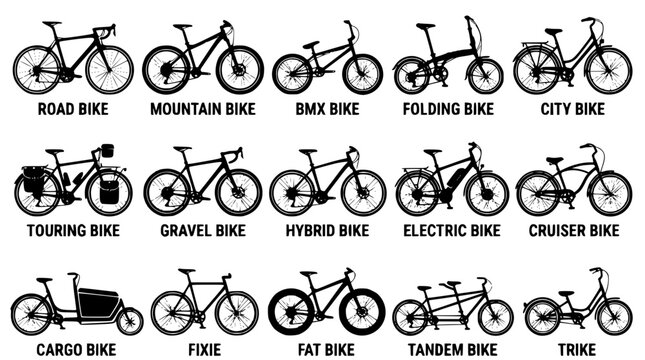 Diverse collection of bicycle type illustrations presented as a graphic design.