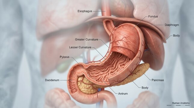 Detailed Human Stomach Anatomy with Labeled Parts