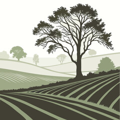 Graphic illustration of a leafy tree in an agricultural landscape with landscape © come