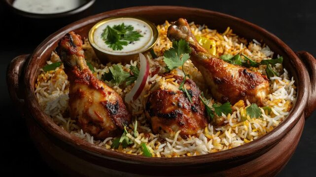 A close-up shot of a delectable chicken tikka masala dish served over fragrant basmati rice. The food is garnished with fresh herbs and a touch of green sauce for added flavor.