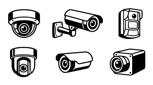 A collection of six different vector graphic security camera illustrations