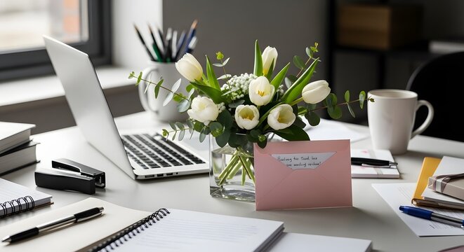 A bouquet of white tulips on a desk with office supplies and a laptop in a modern office setting with natural light