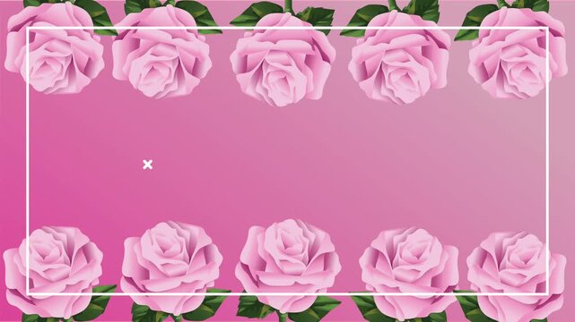 Beautiful pink roses floral frame animation on gradient background with white border and floating cross icons.