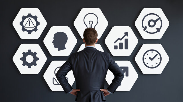 Business strategy icons and a man in a suit looking at them