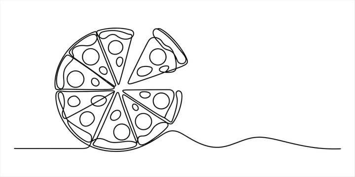 Continuous single line drawing of a delicious pizza with pepperoni slices Vector, illustration