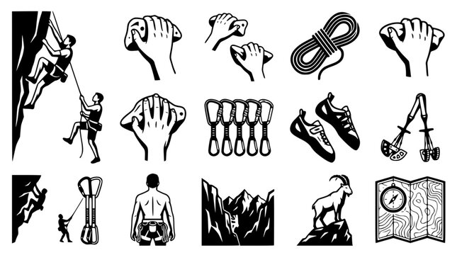 Black and white vector set of mountain climbing gear icons