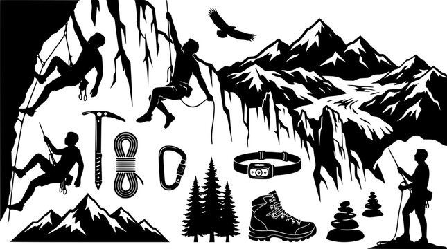 Silhouette vector illustration set of adventurous rock mountain climbers