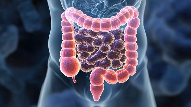 Colon cancer medical 3D illustration, human large intestine anatomy with malignant tumor growth, colorectal carcinoma disease concept, cancer cell development, digestive system disorder, 