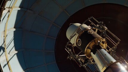 Fototapeta premium Large astronomical telescope pointing toward the night sky, conducting scientific research and exploration of space, galaxies, planets, and distant cosmic phenomena