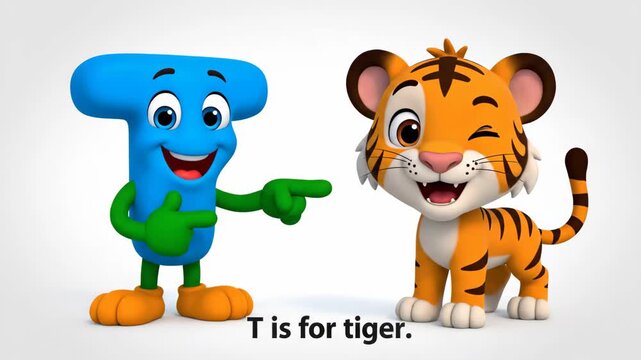 Educational alphabet animation featuring a blue letter T character and a cute tiger cub for preschool learning and children's educational videos.