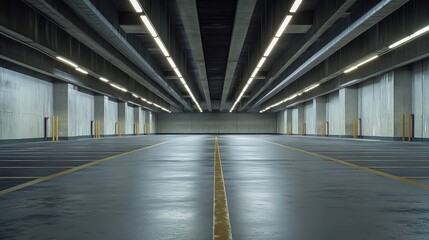 Naklejka premium Large empty underground parking garage with concrete pillars, fluorescent strip lights and yellow line markings on a wet dark floor, minimalist industrial urban interior space