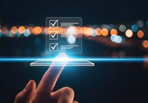 Hand touching digital checklist icon on screen with bokeh city lights in dark background.