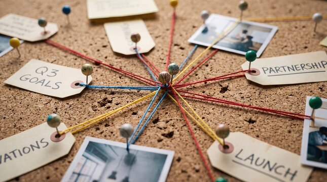 Cork Board With Push Pins Strings Tags Photos Q3 Goals Partnership Launch