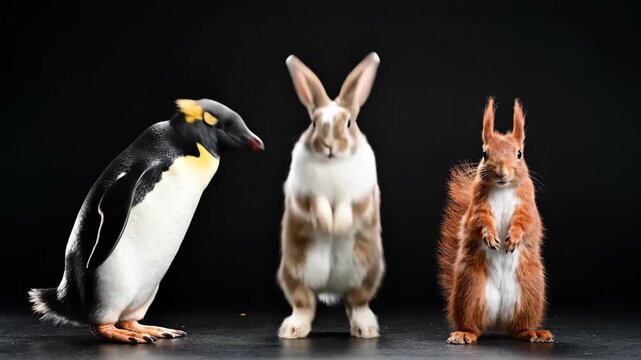 Adorable animal trio featuring a penguin, rabbit, and squirrel standing against a black background perfect for nature education or creative storytelling.