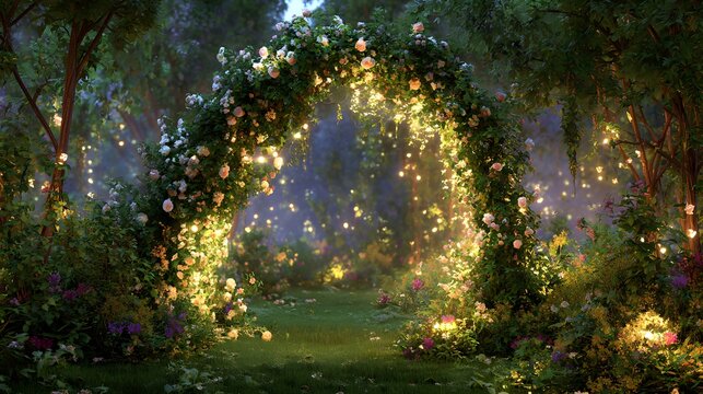 Enchanted garden archway with blooming roses and glowing fairy lights in a magical forest