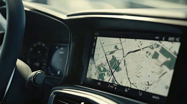 Car interior with a dashboard screen providing gps navigation, displaying a detailed map for clear directions, enhancing convenience and efficiency for drivers on their journey