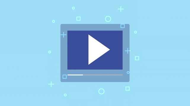 Simple geometric shapes animate in a dynamic pattern around a central play button icon.