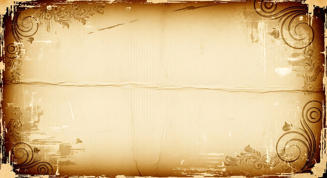Vintage grunge paper texture with ornate floral corner ornaments parchment ornament background distressed paperwork decorative backdrop