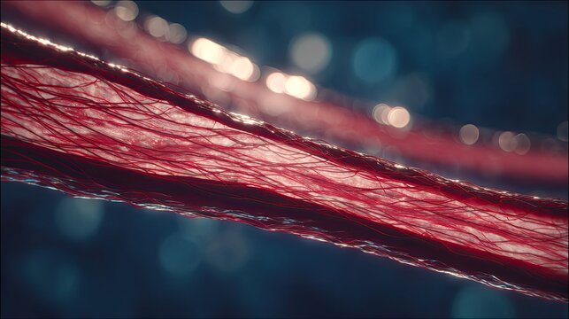 Human muscle fibers under magnification revealing intricate organized cellular structures and textures, highlighting tissue architecture, protein strands and microscopic vascular detail