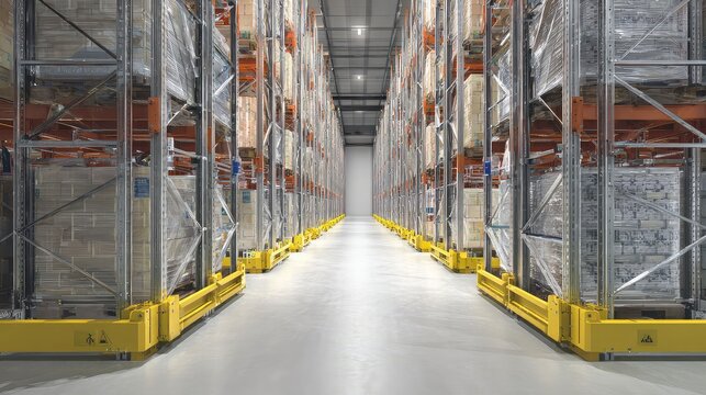 Empty warehouse aisle framed by tall racking loaded with pallets and boxes, showcasing modern logistics, organized inventory, efficient supply chain and distribution operations