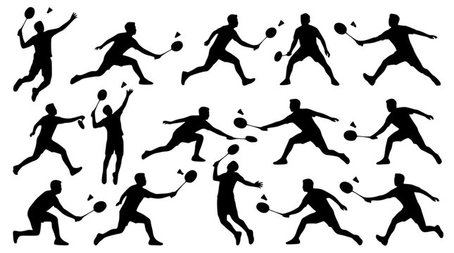 Black silhouettes of badminton players in various active dynamic poses