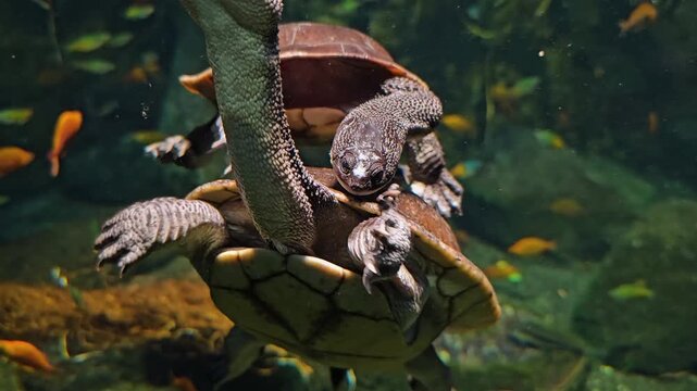 Close up of a couple of snake neck turtles swimming together in a river underwater