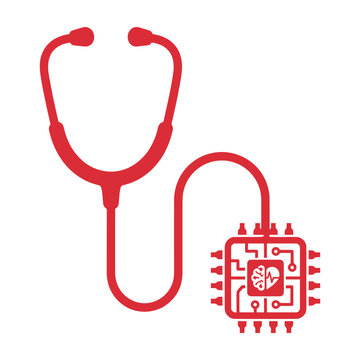 Red stethoscope connected to microchip with brain icon stethoscope healthcare medicine technology microchip