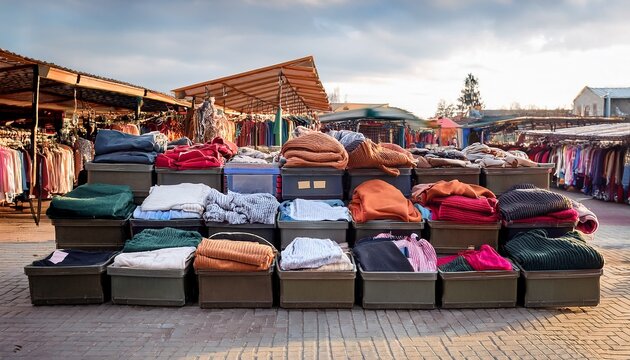 piles of clothes stacked in bins at an outdoor market