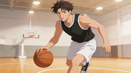 Naklejka premium Basketball player dribbling in gym