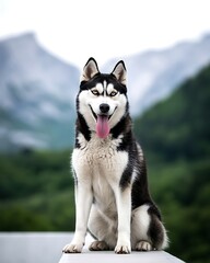Obraz premium Siberian Husky Sitting on Concrete in Front of Mountains