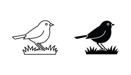 Fototapeta premium Bird standing on grass line art and solid silhouette vector illustration set for nature and wildlife themes featuring simple graphic design elements isolated on white background for professional use