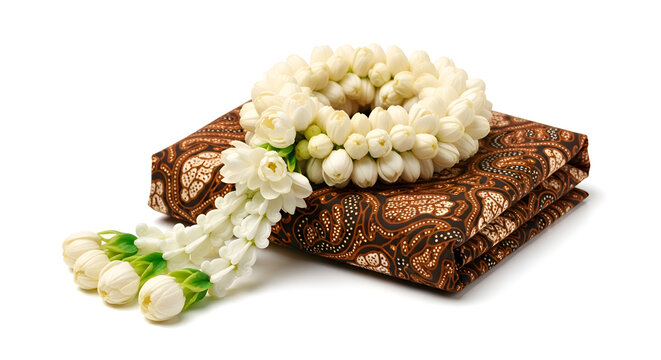 Digital art illustration of a white jasmine flower garland resting on top of a folded brown patterned batik cloth isolated on white, symbolizing Thai culture and respect.